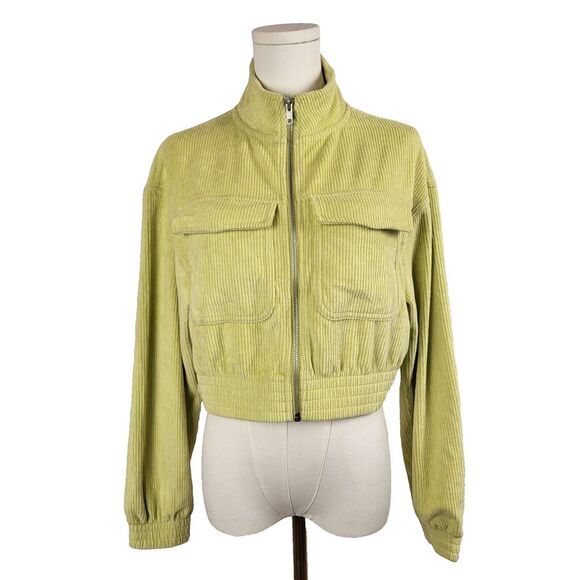 NEW Aerie X-Small Cropped Lime Green Ribbed Jacket Cotton Corduroy Zip Close - Picture 4 of 15